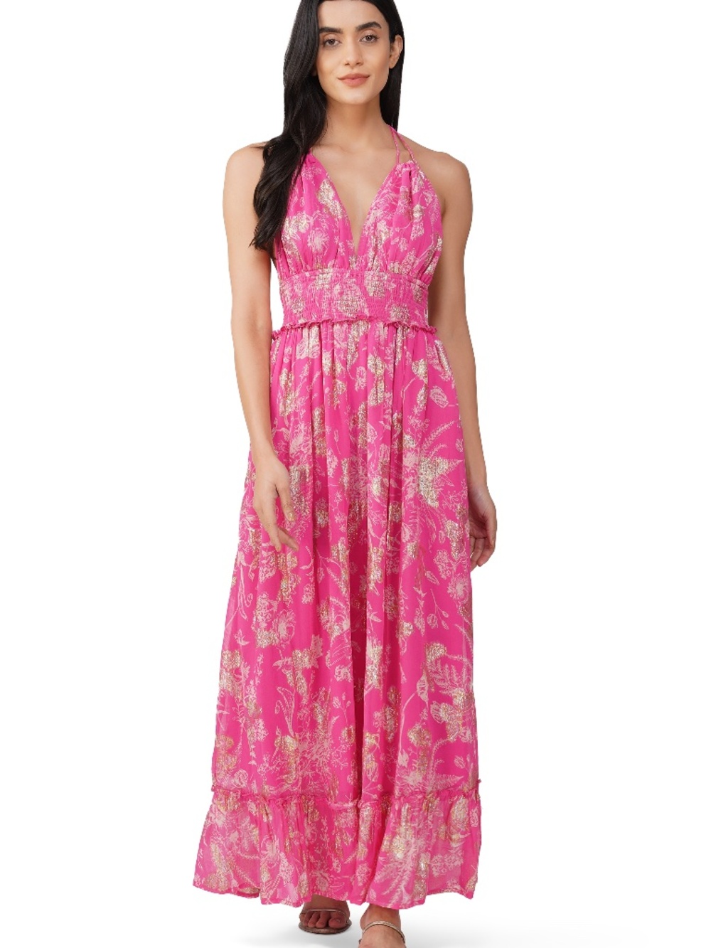America & Beyond Bright Pink Halter Maxi Dress with Metallic Accents
